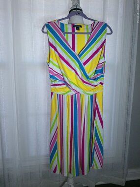 LANDS' END NWOT Sleeveless V-Neck Waisted Striped Lined Dress L